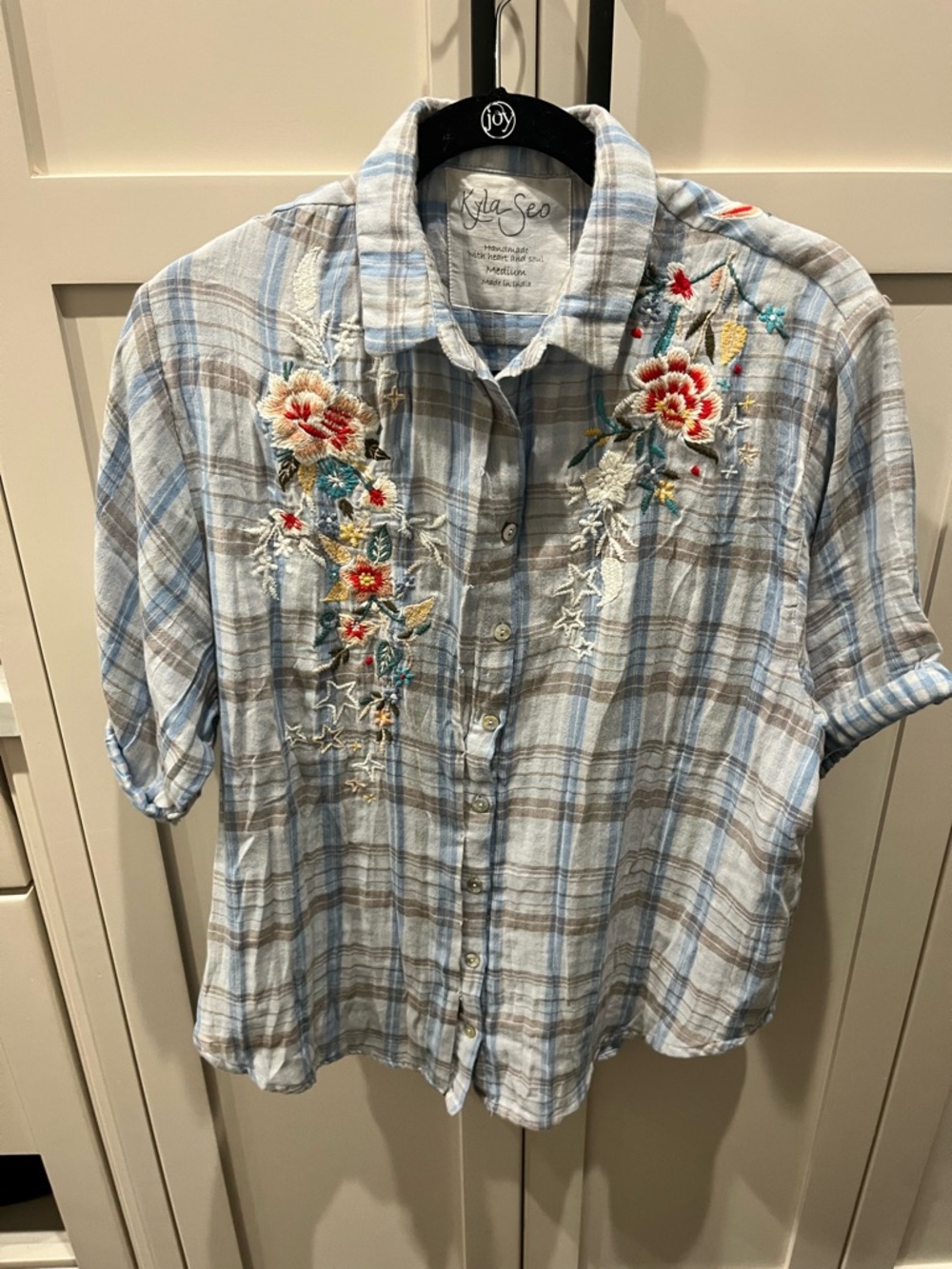 Kyla Seo Embroidered Plaid Button-Up Shirt - Light Blue